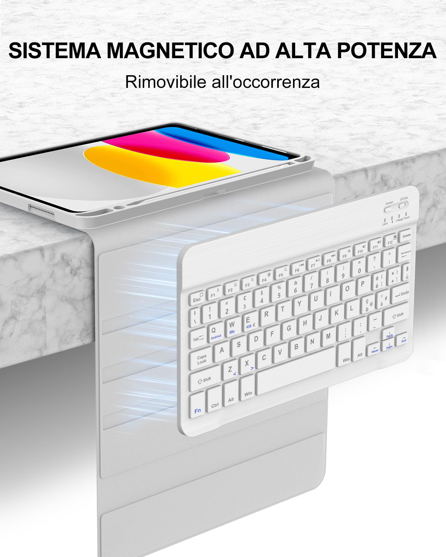 Cover con Tastiera per iPad A16 11" Gen (2025) e 10.9" Gen (2022), Italiano QWERTY, Senza Retroilluminazione e Senza Touchpad, Bluetooth 5.0, con Porta Penna Sottostante, Grigio Chiaro