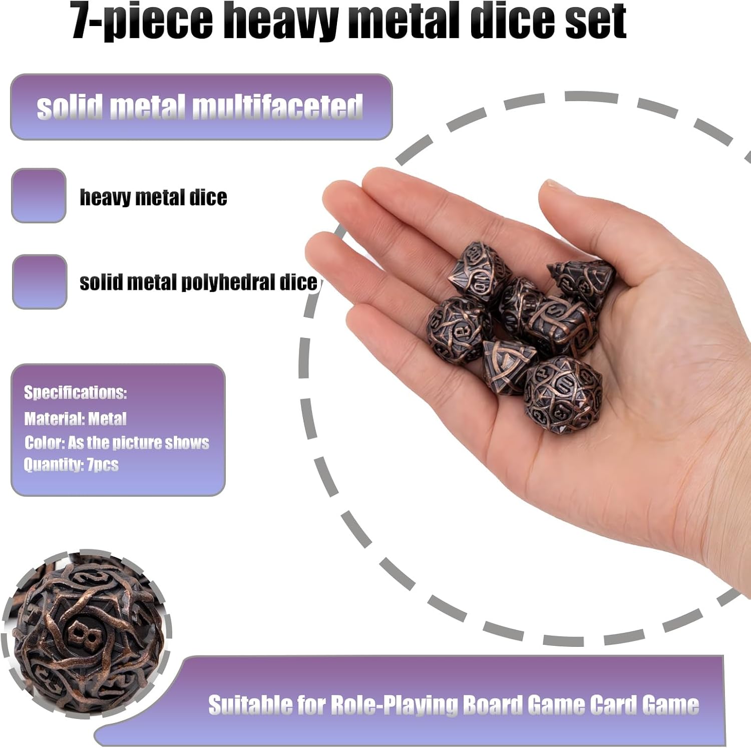 7 Piece Heavy Metal Dice Set, Sturdy Metal Construction, Compatible with Role Playing RPG Board Game Card Game