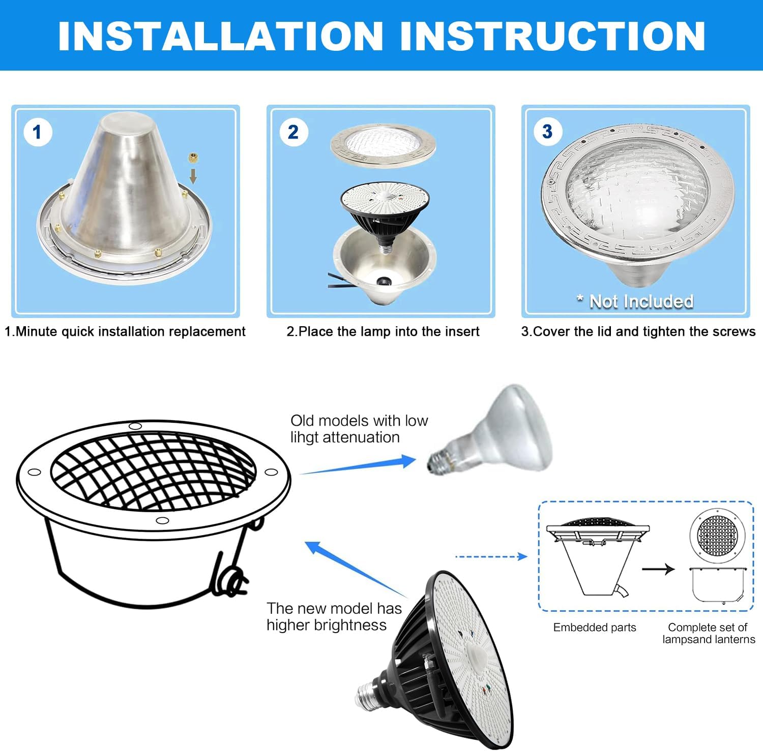 LED Pool Light Bulb Enhanced Signal Coverage Remote RGB Color Changing Pool Lights E26/E27 Bulb Replacement for Swimming Above Ground Inground Pool Hayward Fixtures(90W,RGB)