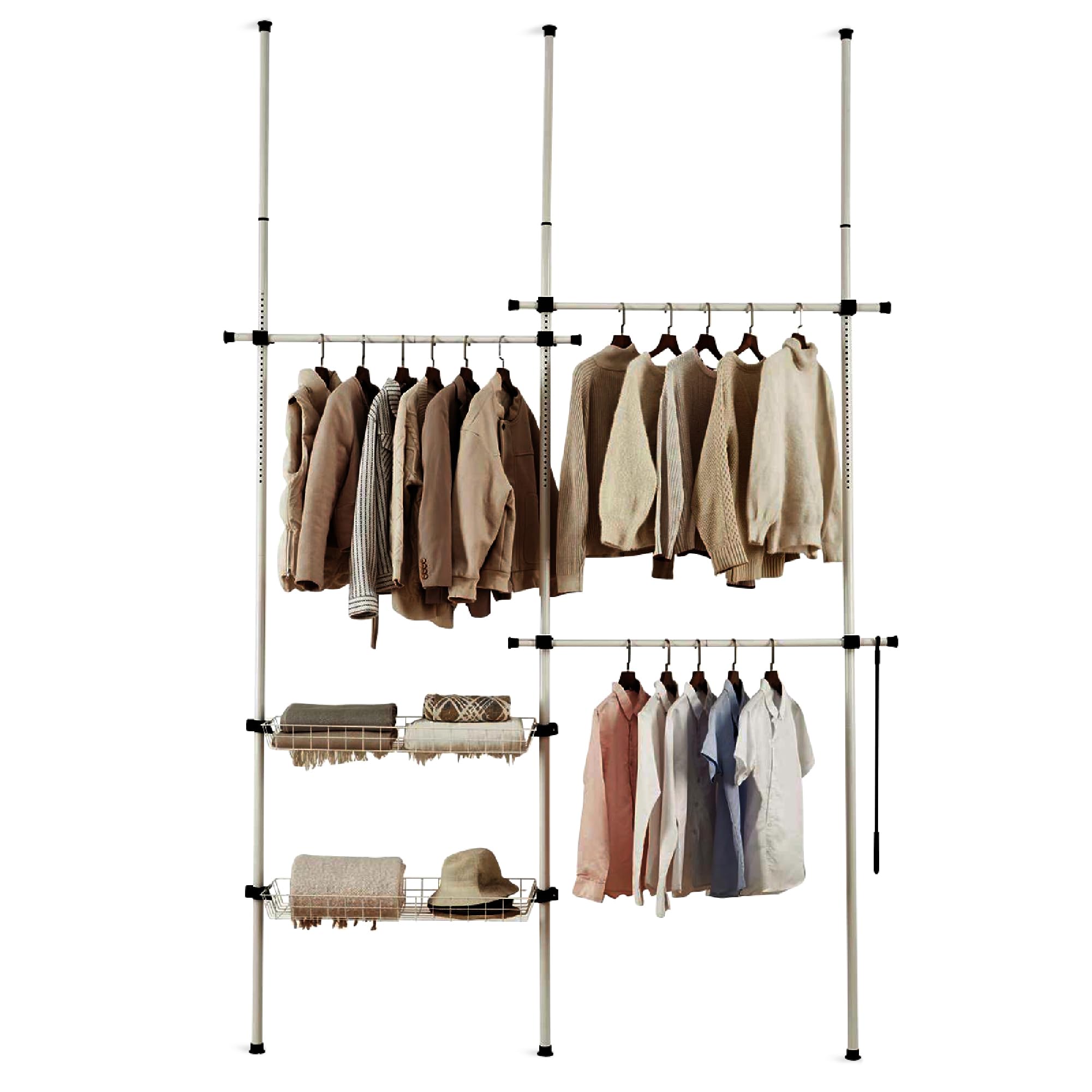 Direct Online Houseware White House Of Home - Double Telescopic Wardrobe Organiser Adjustable 2-Tier Hanging Clothes Rack With Storage Baskets 110–310Cm Height, 130–240Cm Width