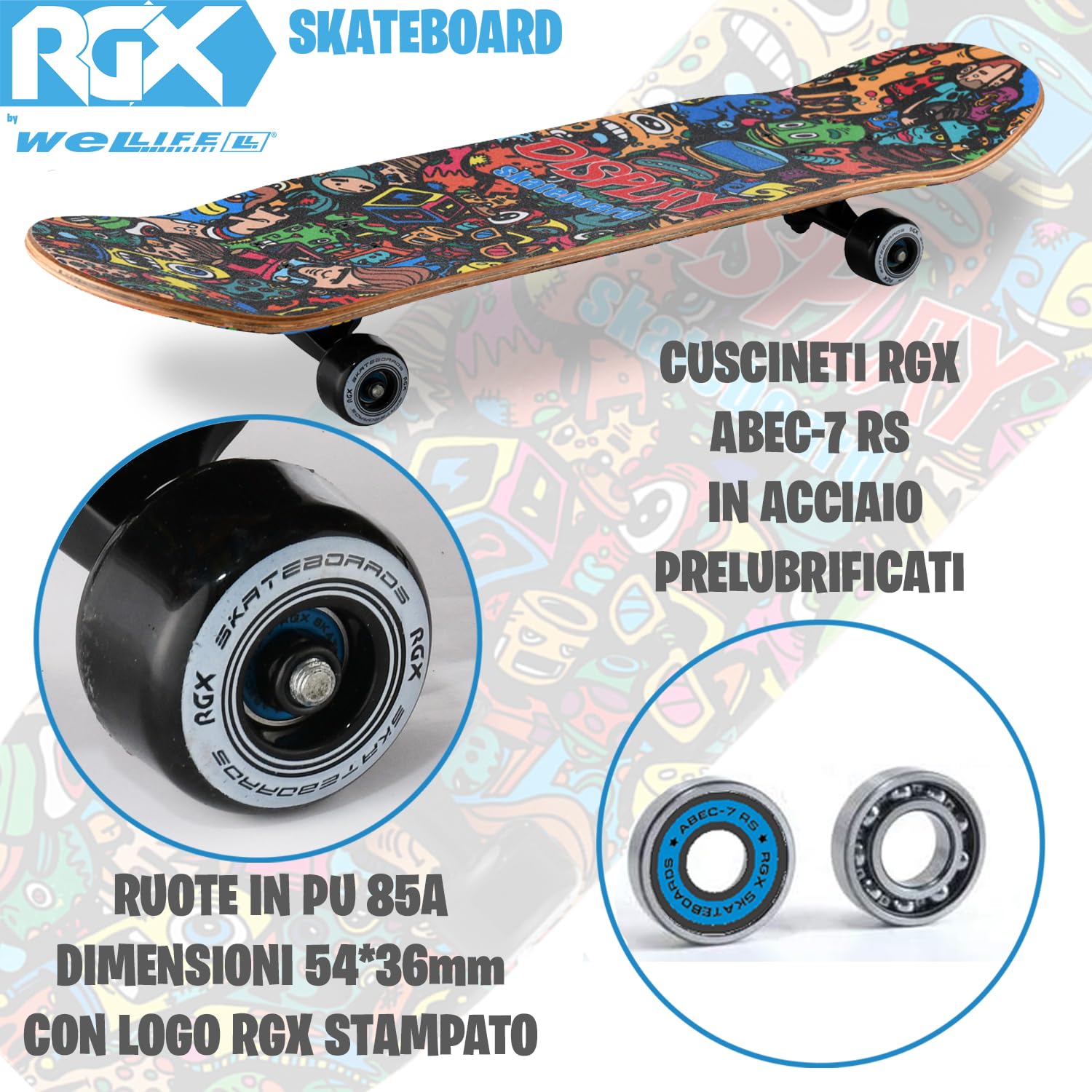 WeLLIFE Skateboard Complet pour Débutants - Série RGX en Bois 80x20 cm, 9 Plis d'Érable Concave Double Kick, Roulements ABEC-7, Design sur Le Grip Tape - Convient aux Enfants, Adolescents et Adultes WeLLIFE Skateboard Complet pour Débutants - Série RGX en Bois 80x20 cm, 9 Plis d'Érable Concave Double Kick, Roulements ABEC-7, Design sur Le Grip Tape - Convient aux Enfants, Adolescents et Adultes