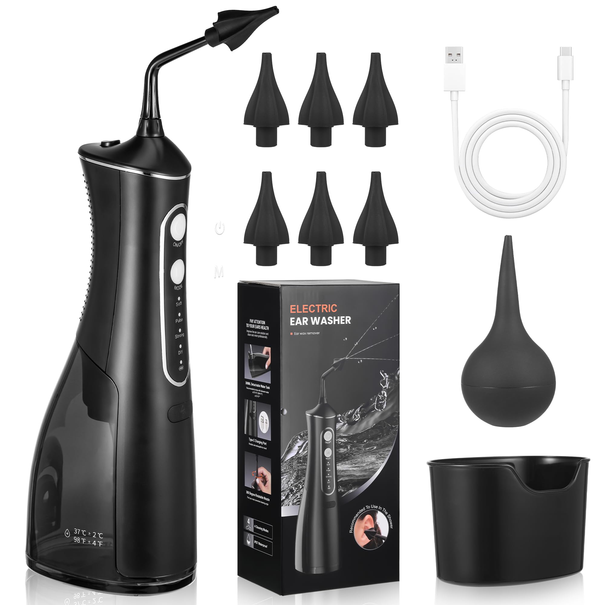 Wush Ohrenschmalz Entferner, Elektrischer Ohrenreiniger Ohrendusche für Erwachsene, Ohren Reinigung Wiederaufladbarer mit 4 Druckmodi 6 Ohr Tipps IPX7 Wasserdicht, Ohrspülung für den Heimgebrauch