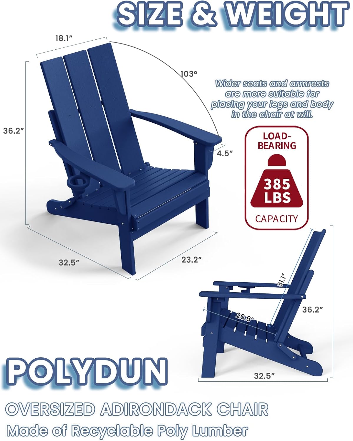 Adirondack Chair with Cup Holder Set of 2, Folding Outdoor Lawn Chair, HDPE Plastic Fire Pit Chair, Weather Resistant Patio Chairs for Deck, Porch, Backyard, Garden, Navy Blue