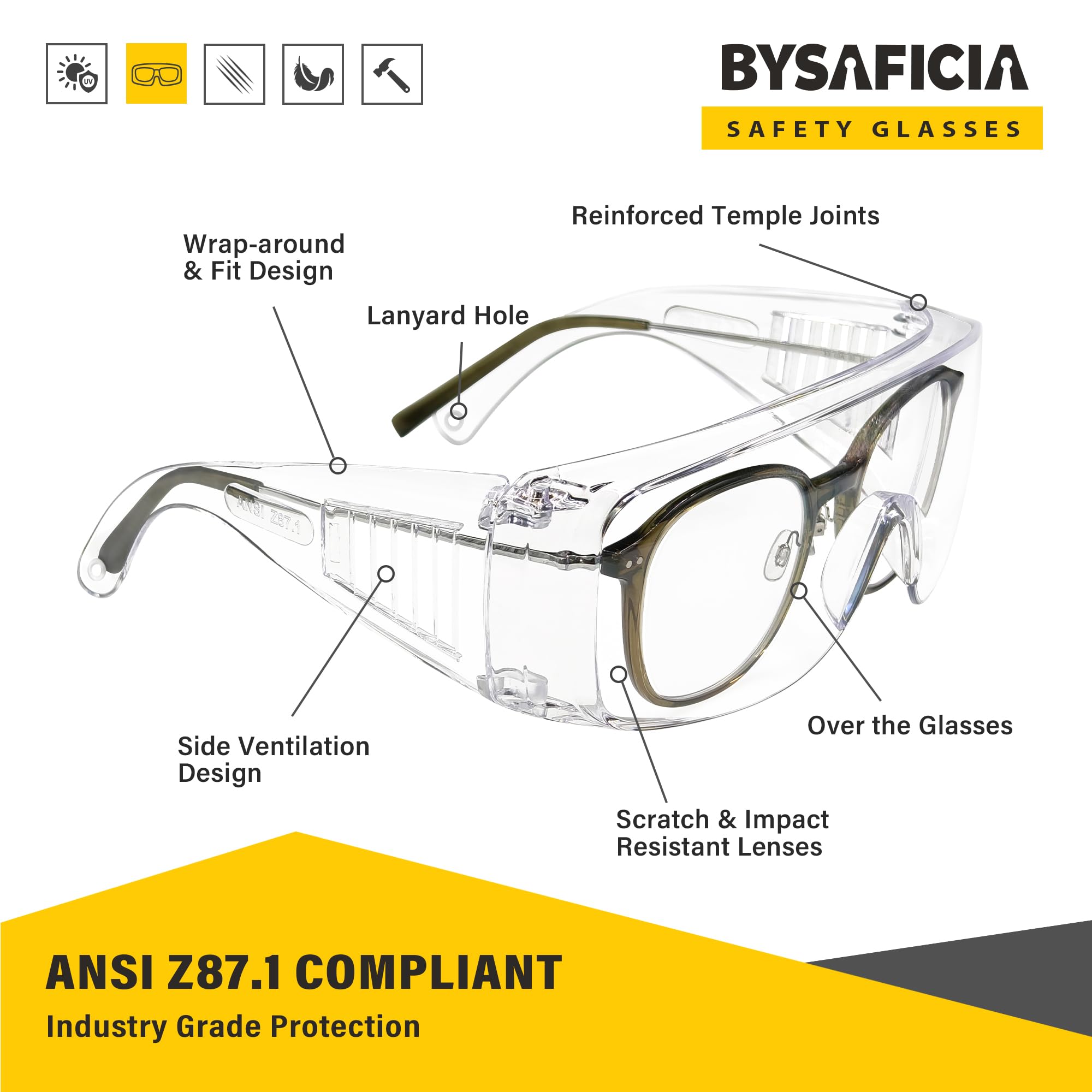 Paquete de 6 lentes de seguridad transparentes sobre lentes, lente de policarbonato resistente a los impactos ANSI Z87.1, gafas de seguridad sobre gafas, gafas protectoras para laboratorio