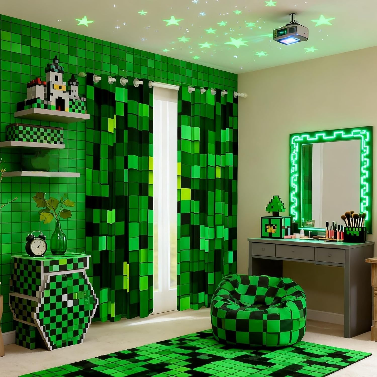 Pixelierte Blöcke Minen Blackout Vorhänge, Videospiele Spiel Gamepad Fenster Vorhänge, Geometrische Gitter Patchwork Kinderzimmer Schlafzimmer Spielzimmer Dekoration, Grün 2 Paneele 183x117cm (HxB)