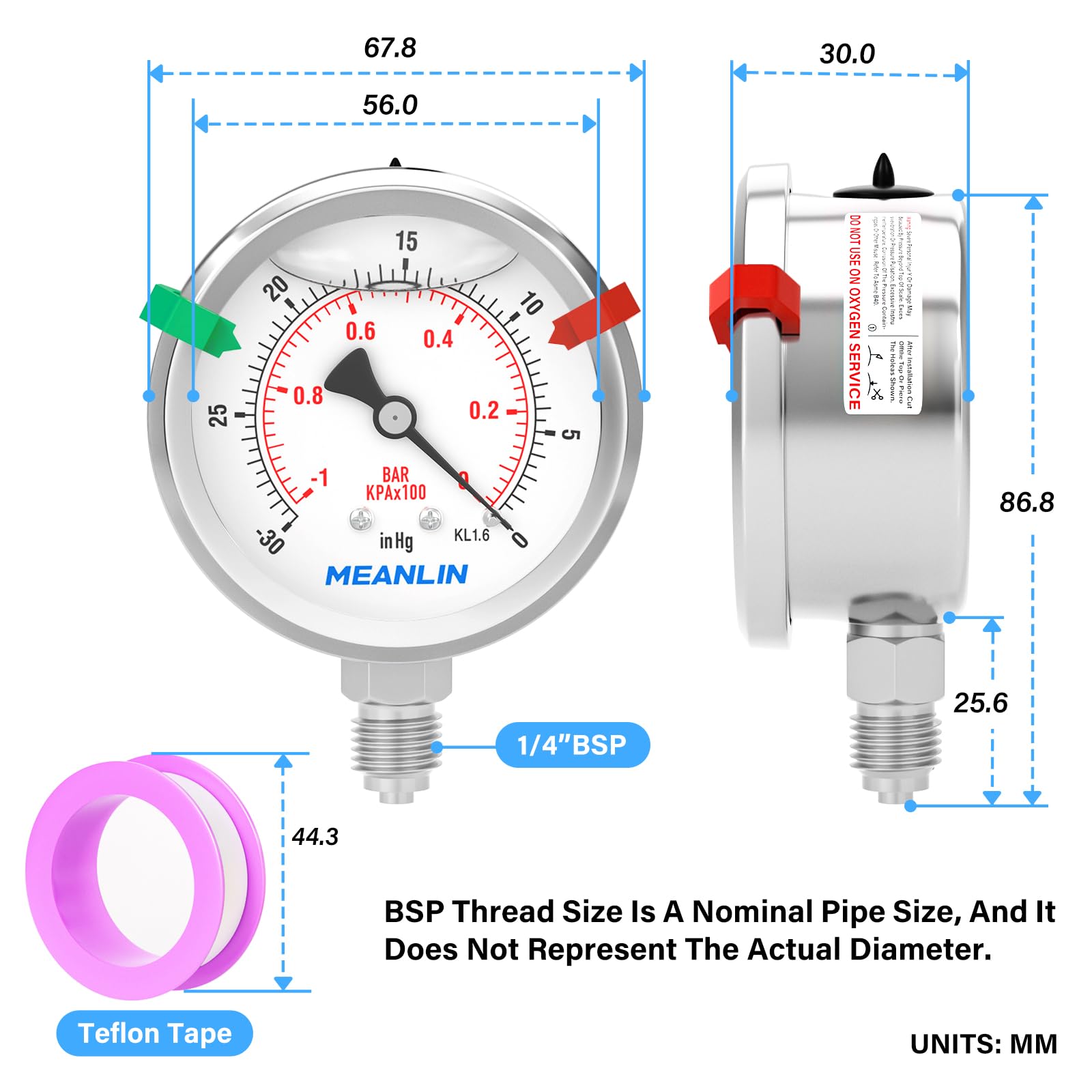 MEANLIN MEASURE -1~0Bar/-30~0inHg Manómetro de vacío relleno de glicerina con junta de acero inoxidable 316 1/4" BSP 2.5" FACE DIAL,Montaje inferior,para agua, aceite, etc.