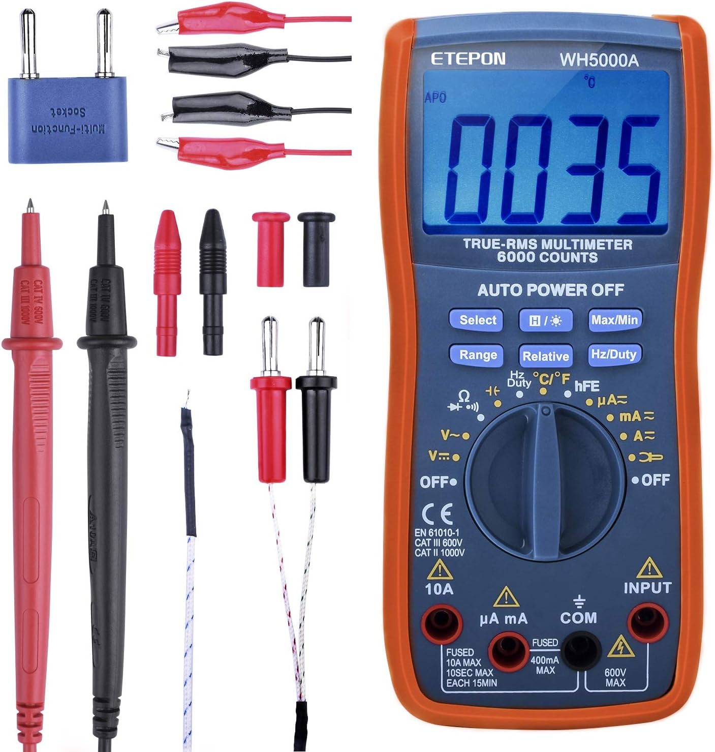 Digital Multimeter True RMS Auto Raging Voltage Tester, Measures, Voltage, Current, Resistance, Continuity, Frequency, Capacitance, Temperature, Test Diodes,Transistors（6000 Counts Multimeter)