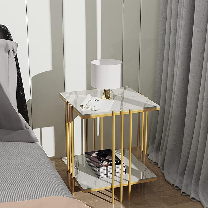 Akifi Craft Marble Top Side Table Gold 2 Tier Square White End Table
