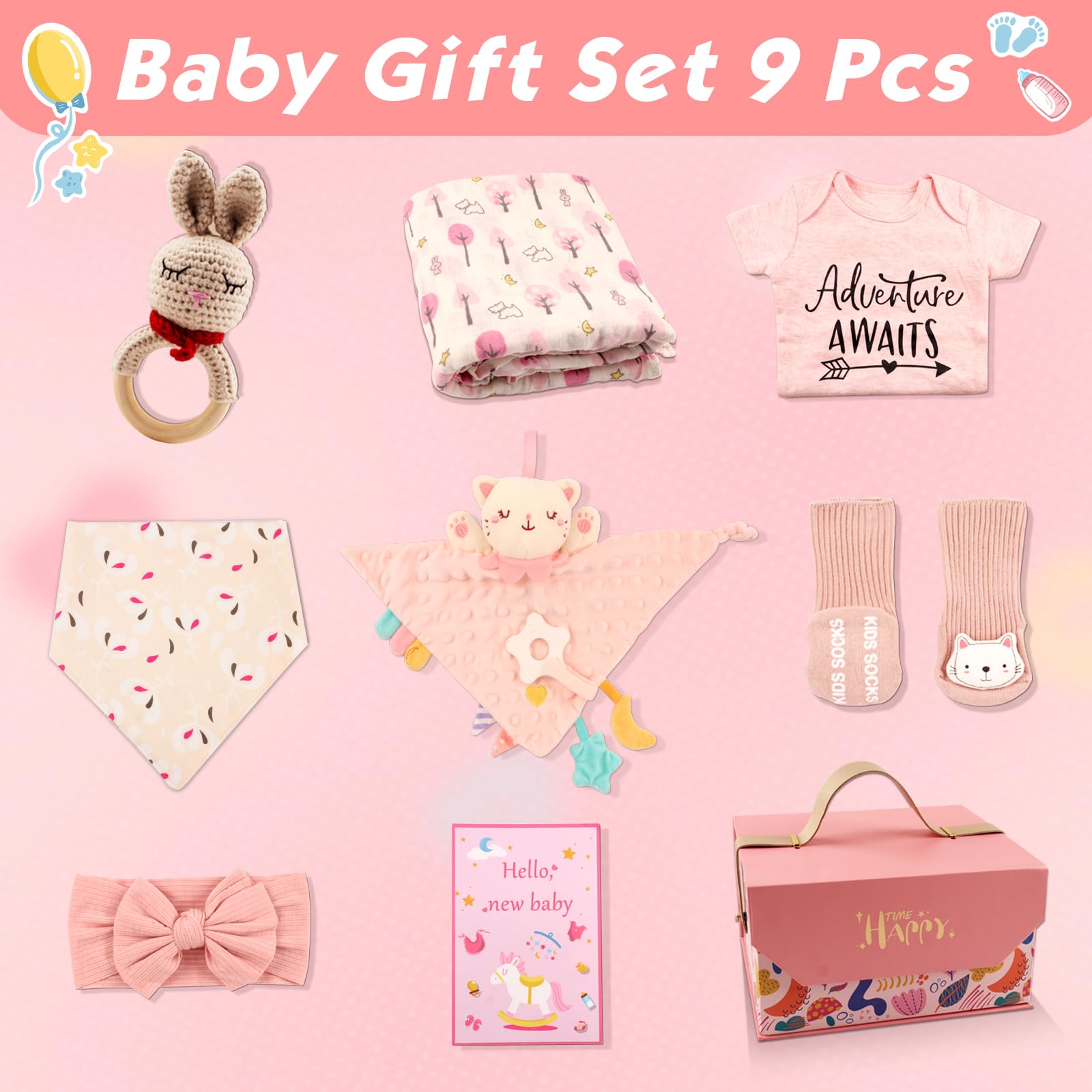 Baby Girl Gifts,Baby Gifts for Girls,Newborn Baby Gifts for Girls,Baby Shower Gifts for Girl,Newborn Baby Girls Gift Basket,Unique Pink Newbaby Gift Set (9pcs)