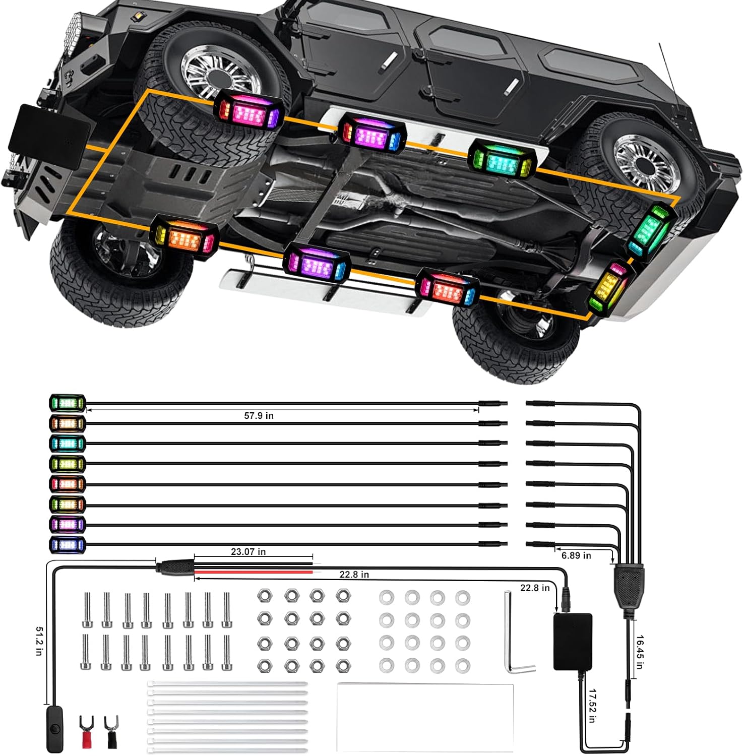YONGMING 8Pods Full Angle RGB Rock Lights for Trucks UTV ATV SUV Boat Golf Cart,APP Control Wheel Footwell Underglow Neno Accent Light Kits Waterproof Multi-Color Exterior Led Rocklights for Cars