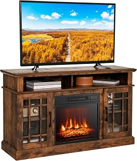 SIMOE Fireplace TV Stand for 55 TV, 48 Inch Stand with 18 Inch Electric Fireplace Heater, Mondern Console with Cabinets and Doors, 6H Timer, Remote Control for Living Room, Home