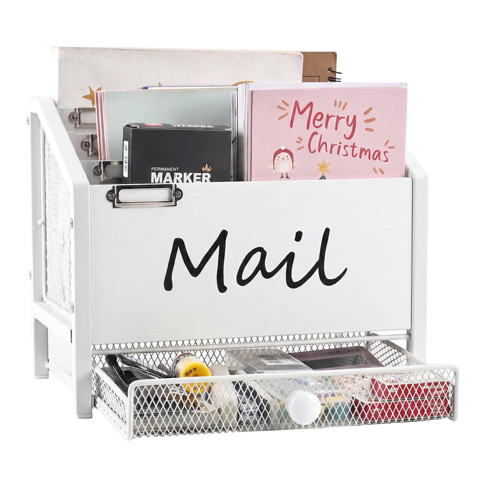 Rivosar Letter Rack with Drawer, 4 Slots Wooden Desk Tidy Organiser, White