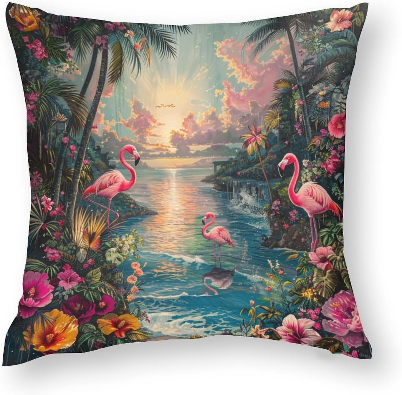 2 Packs Coastal Floral Ocean Throw Pillow Covers for Living Room, Colorful Palm Tree Flamingo Pillow Covers Cushion Case for Couch Sofa Bed, 12x12 inch