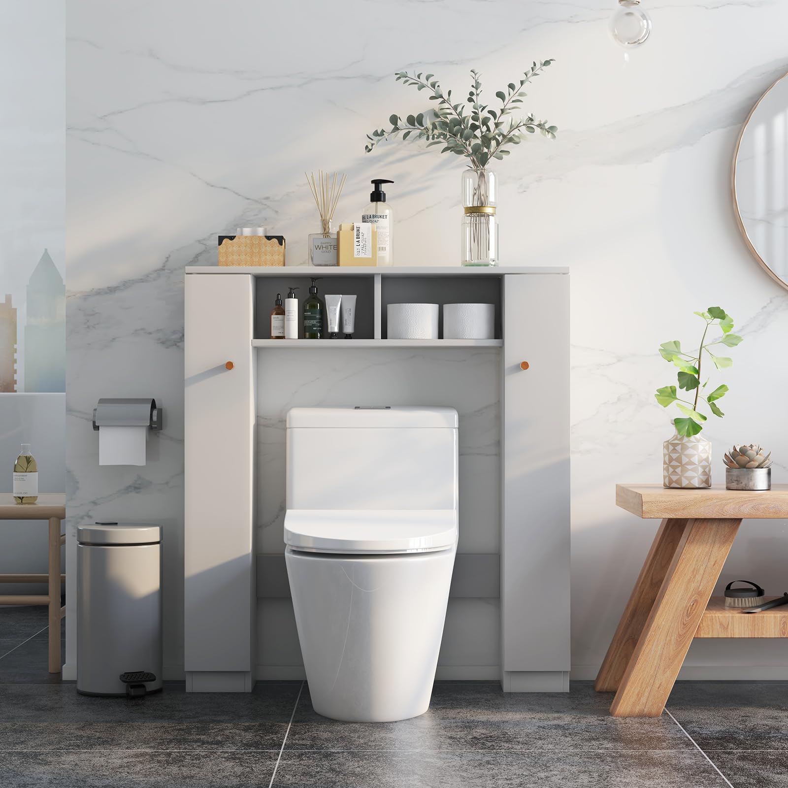 GOPLUS Mueble para Inodoro con estantes Superiores al Inodoro, Organizador de Almacenamiento Independiente de baño con Puertas Dobles y 4 estantes Ajustables (Blanco)