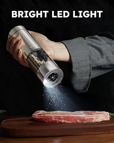 Miniatura 7 de FORLIM Juego de molinillo de sal y pimienta eléctrico, actualizado, lavable, funciona con pilas, operación automática de una mano con LED, grosor