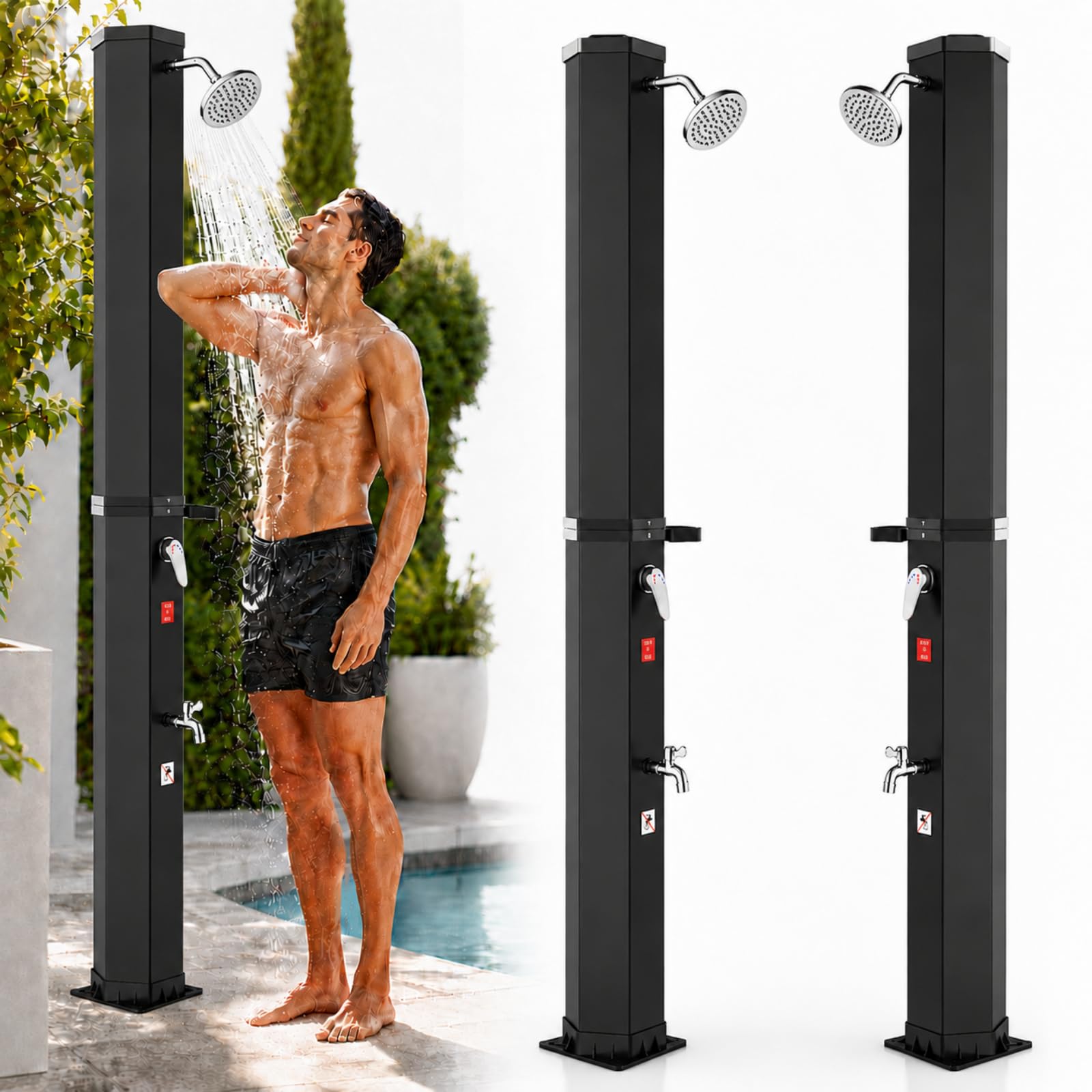 Doccia Solare da Giardino 60 Litri, Doccia Esterno con Soffione a Pioggia Regolabile a 360° e Rubinetto, Temperatura Massima di 60°C - Perfetto per Giardino Campeggio e Relax all'aperto