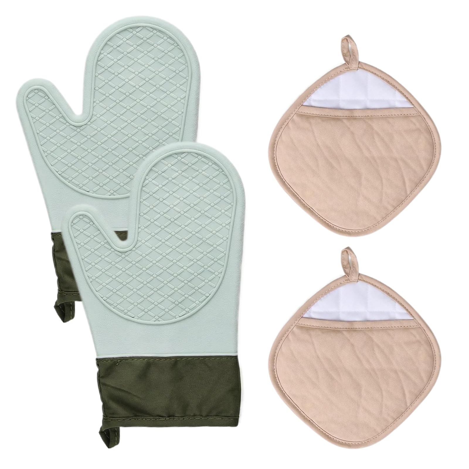 Ofenhandschuhe Topflappen Topfhandschuhe 4er Set, Handschuhe hitzebeständige, Baumwolle rutschfeste Topfhandschuhe, Mit Aufhängeösen, Kochhandschuhe zum Kochen Backen Grillen, extra dick, lang