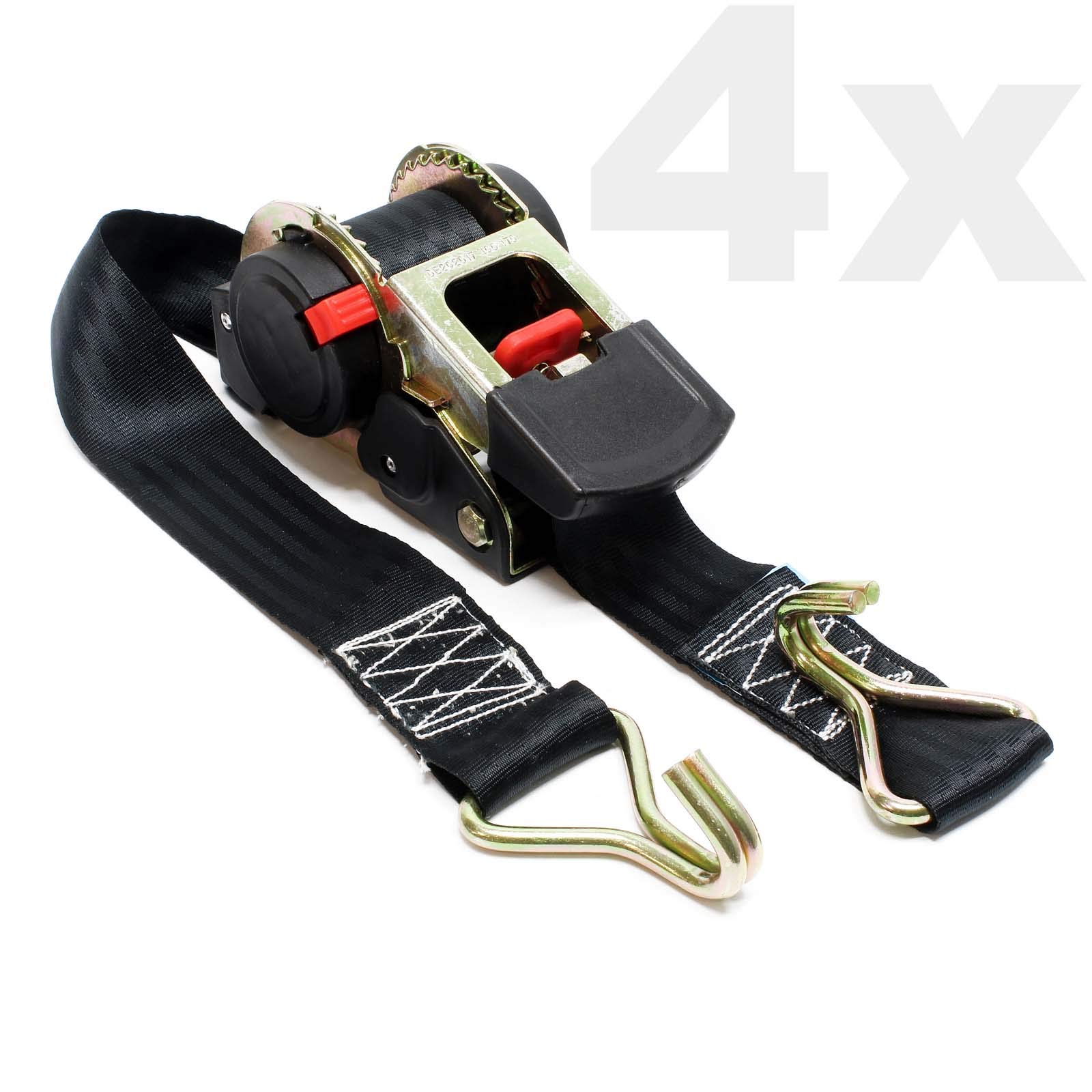 Set 4X Correas sujeción automáticas 1,8m x 50mm 750daN poliéster Ganchos Doble J asegurar Cargas