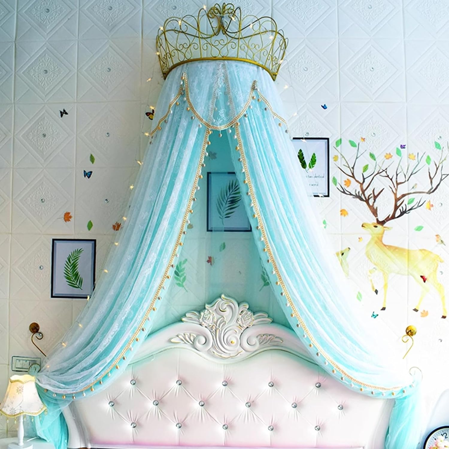 Princess Bed Curtains Canopy, Cute Lace Mosquito Net with Metal Crown, Laying Reading Hanging Curtains for s Toddlers Crib Bedroom Decoration