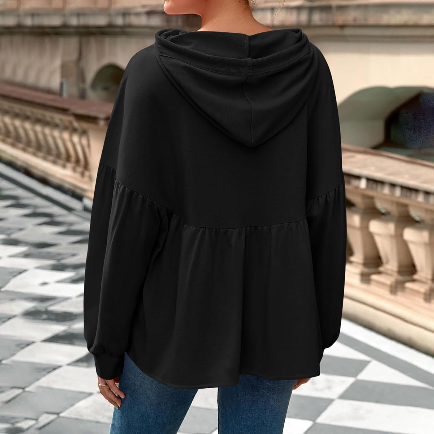 Babydoll Sweatshirts for Women Long Lantern Sleeve Drawstring Peplum Hem Loose Oversized Hoodie Pullover Tops - Image 3