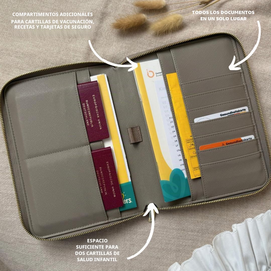 Organizador de Documentos de Viaje Familiar 3 en 1, portadocumentos y Porta pasaportes, Gran Capacidad para Documentos Importantes y Papeles, Polipiel Efecto Saffiano (Topo)