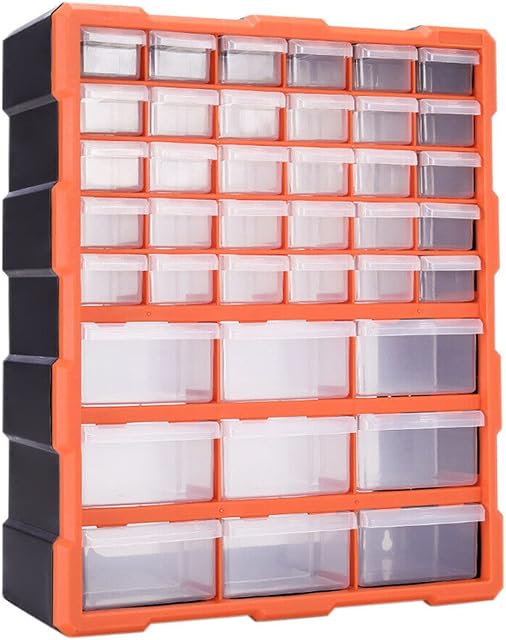 NAIMP DIY Tool Bits Storage Organiser, 39 Multi Drawers Plastic Cabinet Box for Garage Workshop, Small Parts Hardware and Craft Cabinet Orange Wall Mount