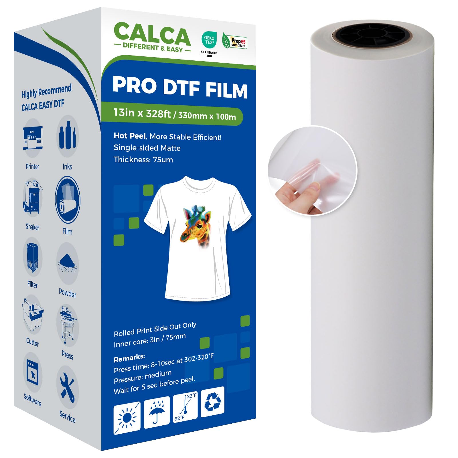CALCA 13in x 328ft DTF Transfer Film Premium Roll - Hot Peel, DTF Film Roll Direct to Transfer Film Roll for Direct-to-Film Printing, in US Stock (Glossy Clear Back)