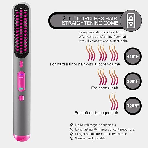 Miniatura 7 de Cepillo alisador de pelo inalámbrico, peine iónico para alisar el cabello 2023 Cepillo alisador portátil para mujeres, 9000mAh ultra largo, perfecto