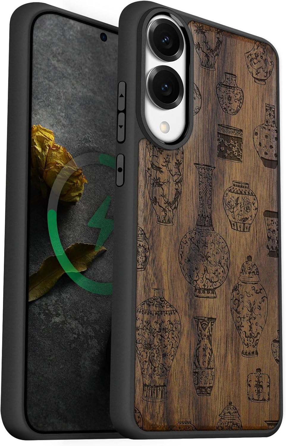 Carveit Magnetic Wooden Case for Samsung Galaxy S25 Edge Case 2025, TPU Shockproof Cover & Wood Artisan Engraved, Compatible with MagSafe Wireless Chargers (Chinese Ceramics) Blackwood