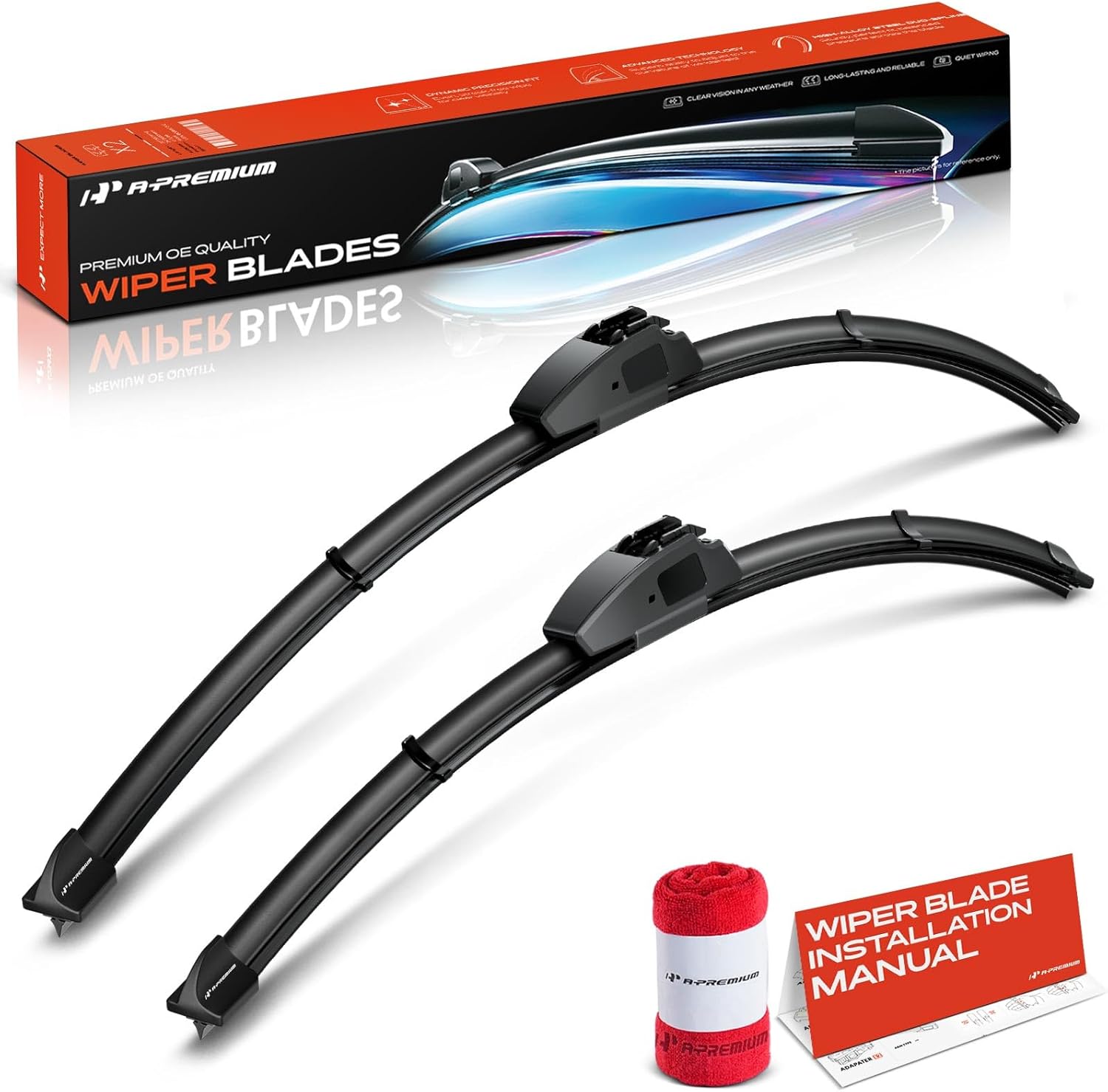 A-Premium Pack of 2 Windshield Wiper Blades with Wear Indicator & Towel - Compatible with Honda Civic 2012 2013 2014 2015, Coupe - 28" and 24", Hook Connector, Left and Right