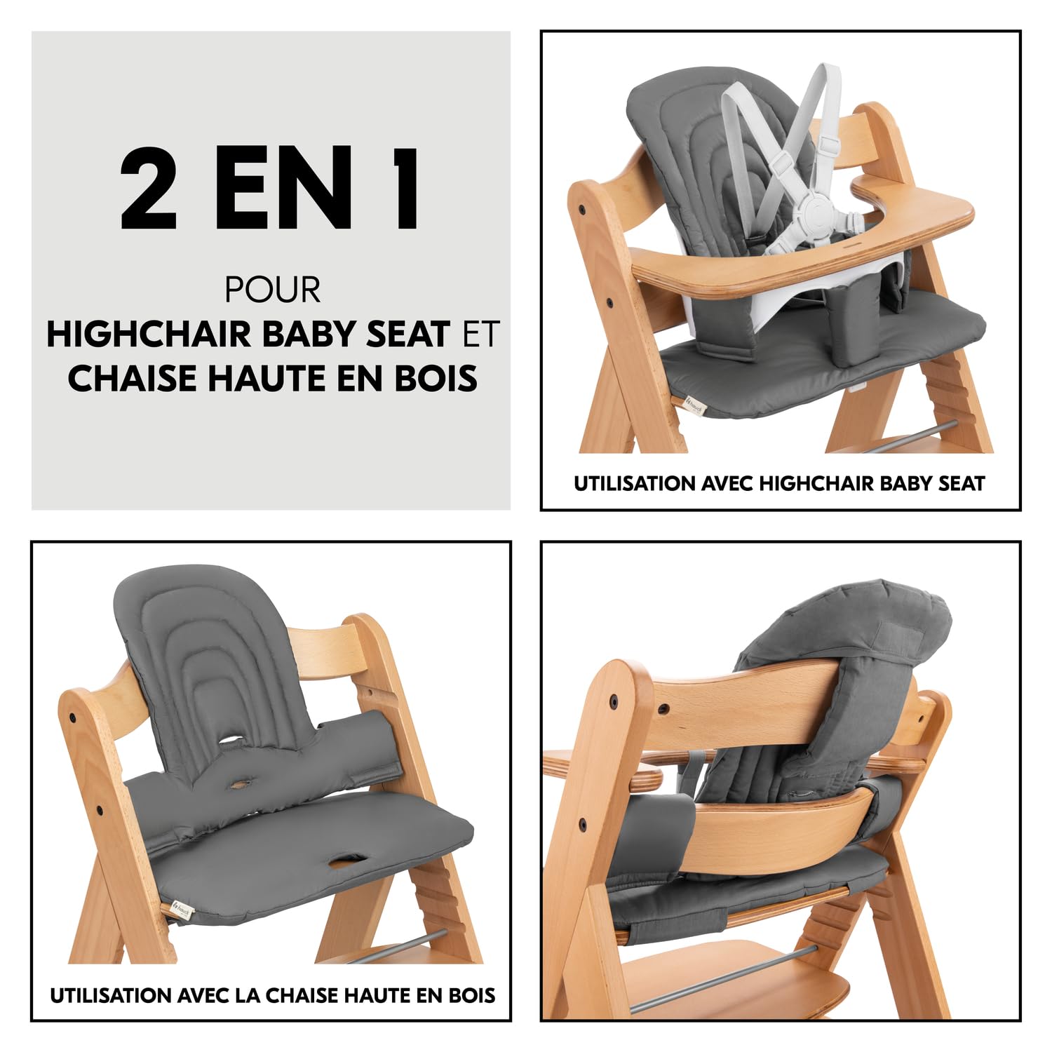 hauck Coussin de Chaise Haute Bébé 3 Pièces, Gris Foncé - Compatibile avec Reducteur Alpha+, Beta+ et Arketa (Non Inclus), Testé OEKO-TEX® STANDARD 100, Rembourré, Moelleux, Lavable, Robuste