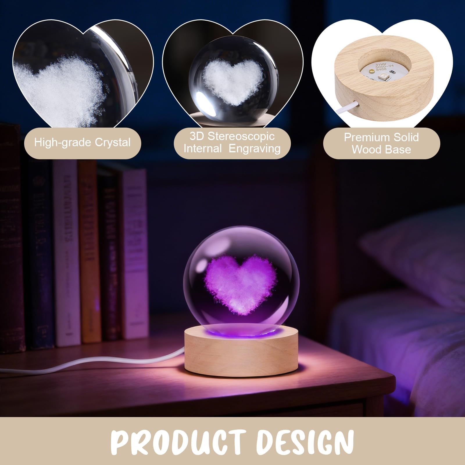 Kryształowa kula 3D w kształcie serca – wielokolorowa lampka nocna LED, zasilana przez USB, szklana ozdoba z drewnianą podstawą, dekoracja domu, prezent urodzinowy, zawieszka na egzamin, zawieszka do