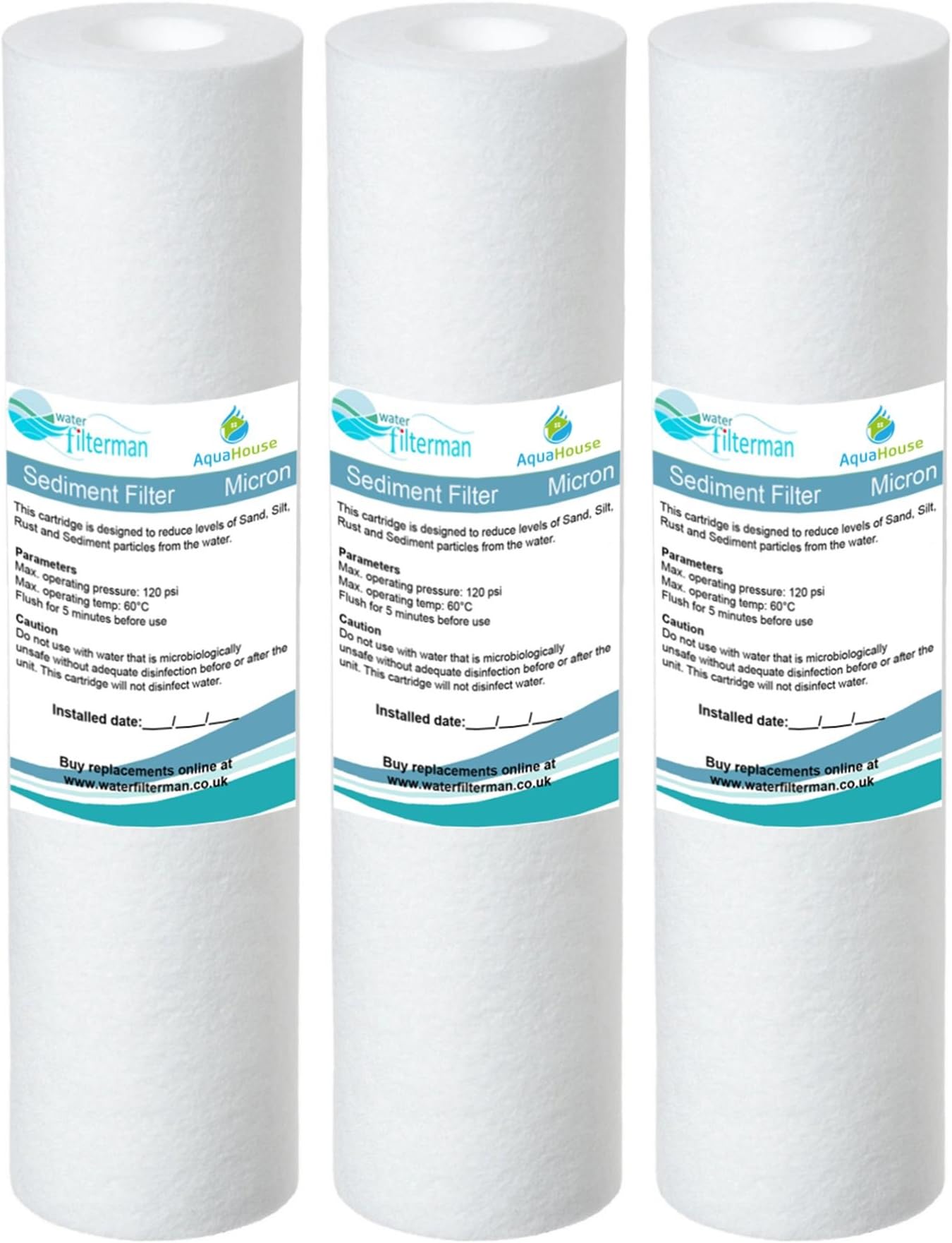 AquaHouse 3x 25cm Sediment water filter cartridge for Reverse Osmosis, Water fed pole & Partictle filtration, fits standard 25cm filter housings - 5 Micron