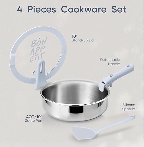 Miniatura 7 de CAROTE Sartén de acero inoxidable de tres capas de 10 pulgadas, sartén antiadherente de 4 cuartos con mango desmontable, sartén de cocina de acero