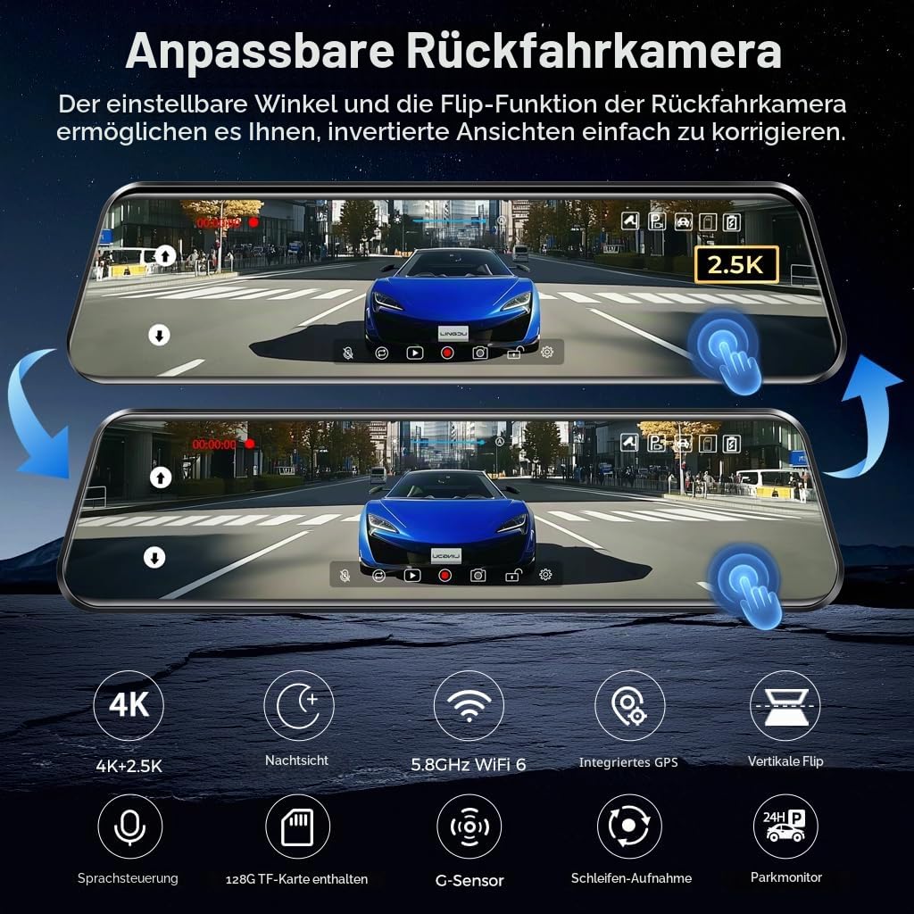 LD4K Max Spiegel-Dashcam 4K Frontkamera 1080p Rückkamera STARVIS 2 Sensor 5,8 GHz WLAN ADAS Sprachsteuerung Nachtsicht 128 GB Speicherkarte