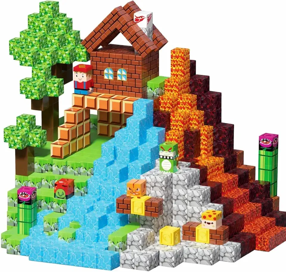 Blocos Magnéticos de Construção, 100 Peças, Cubos Empilháveis com Personagens e Cenários, Brinquedo Educativo STEM, 2cm, para Crianças 3-10 Anos, Mundo de Construção com Imãs, Brinquedo Pedagógico
