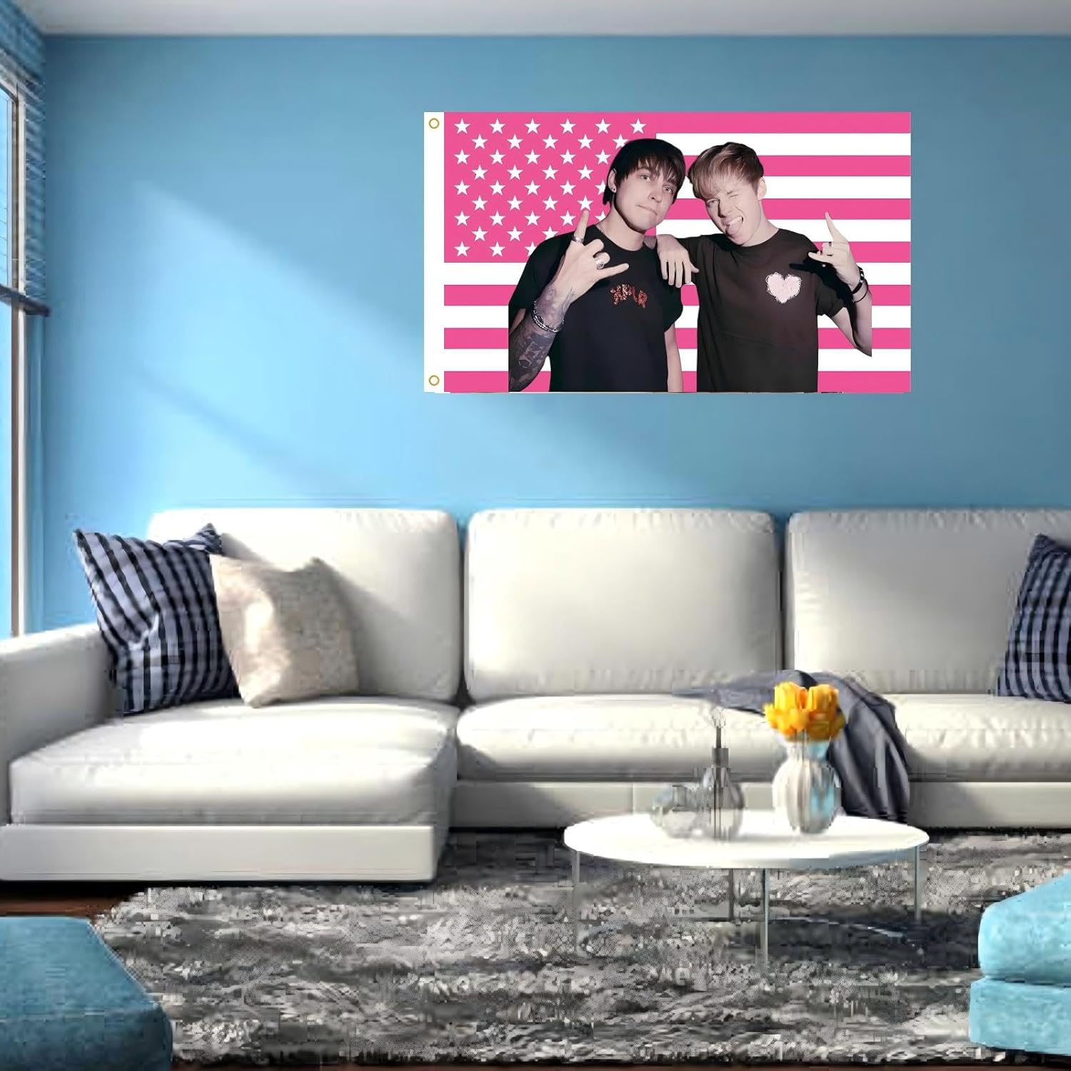 WENWELL Sam and Colby American Flag Wall Tapestry, Pink and White Stars and Stripes Design, Polyester Banner with Brass Grommets, 3x5 Feet, for College Dorm Room, Bedroom - Image 3