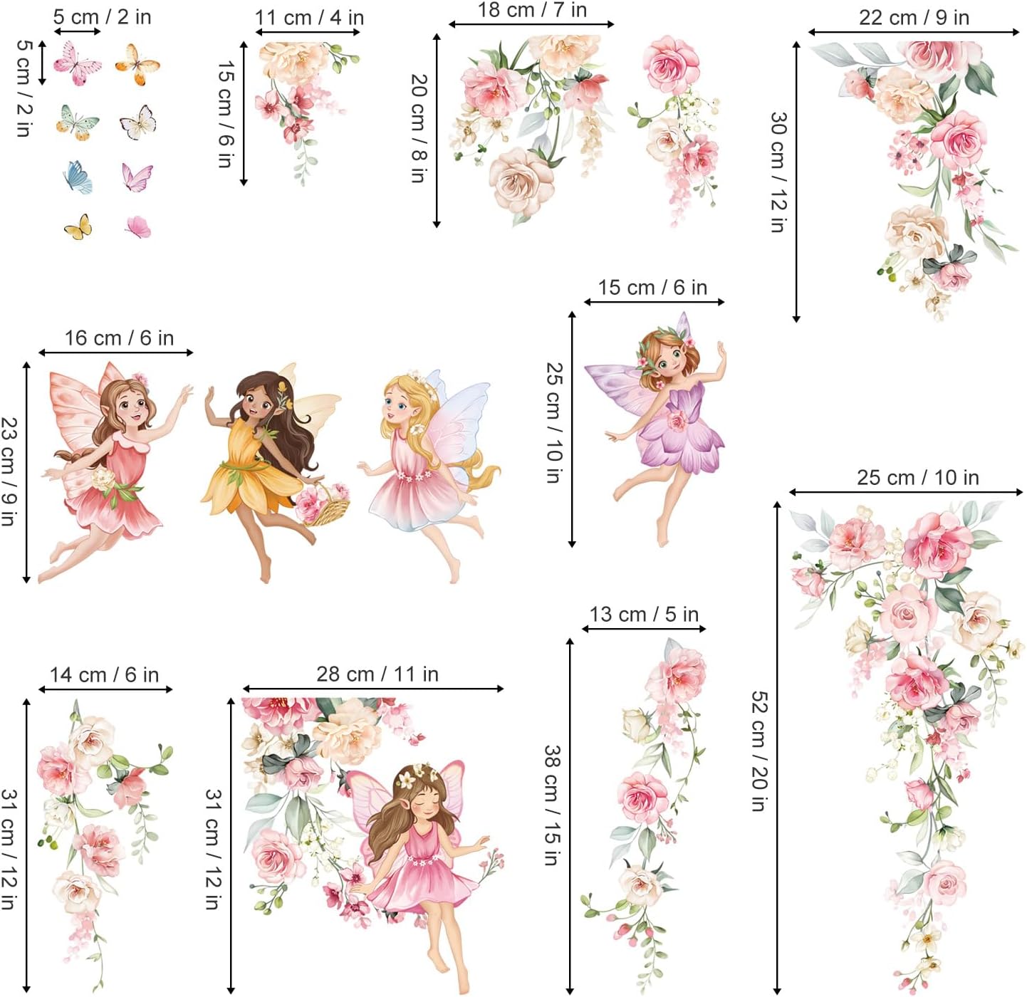 wondever Watercolor Flower Fairy Wall Stickers Pink Floral Girls Butterfly Peel and Stick Wall Art Decals for Baby Nursery Kids Room Girls Bedroom