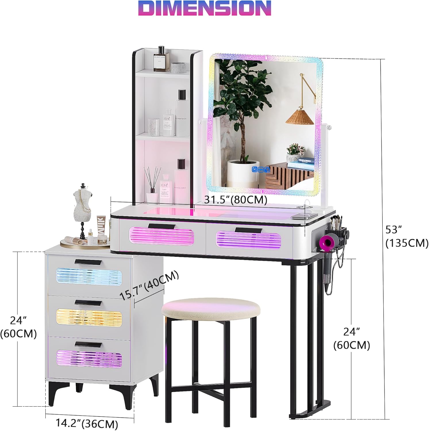 Gurexl RGB Makeup Vanity Desk with Wireless Charging Station, LED Vanity Make up Set with Visible Desktop,7 Dynamic and 7 Static Dimmable Vanity Table Set with Stool & 6 Drawers, Gift for Little Girls