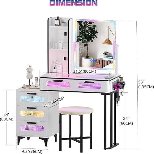 Miniatura 8 de Gurexl Mesa de tocador de maquillaje RGB con estación de carga inalámbrica, maquillaje LED con escritorio visible, juego de mesa de tocador 7