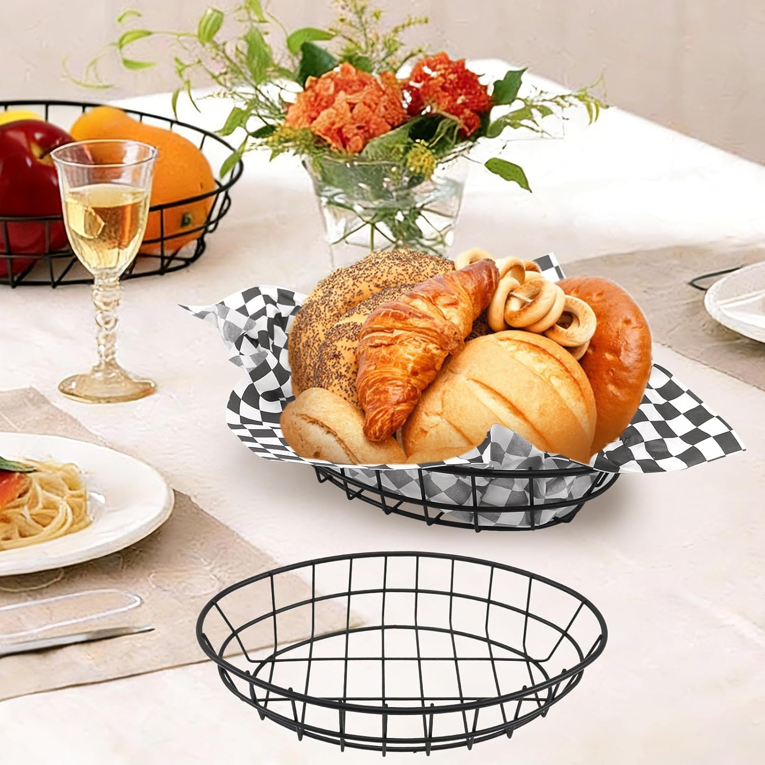 CNQLIS 12 Pcs Wire Bread Baskets with 100 Deli Wrapper Paper, 9.5x6.2x2.2 Inch Oval Metal Dinner Roll Baskets for Restaurants, BBQ, Picnics, Parties (Black)