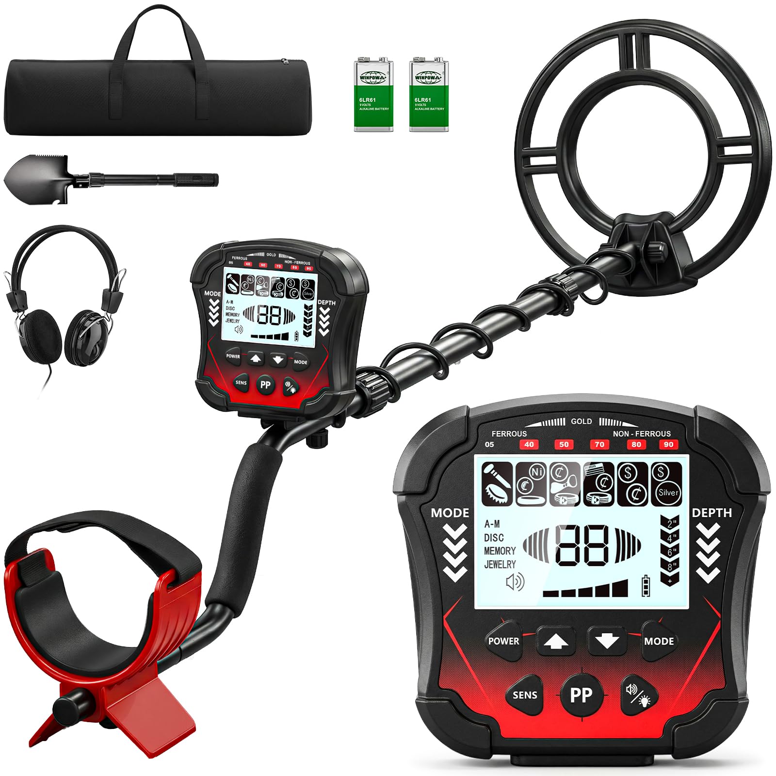 Metal Detector Professionale 5 Modalità Impermeabile 10in LCD Rosso