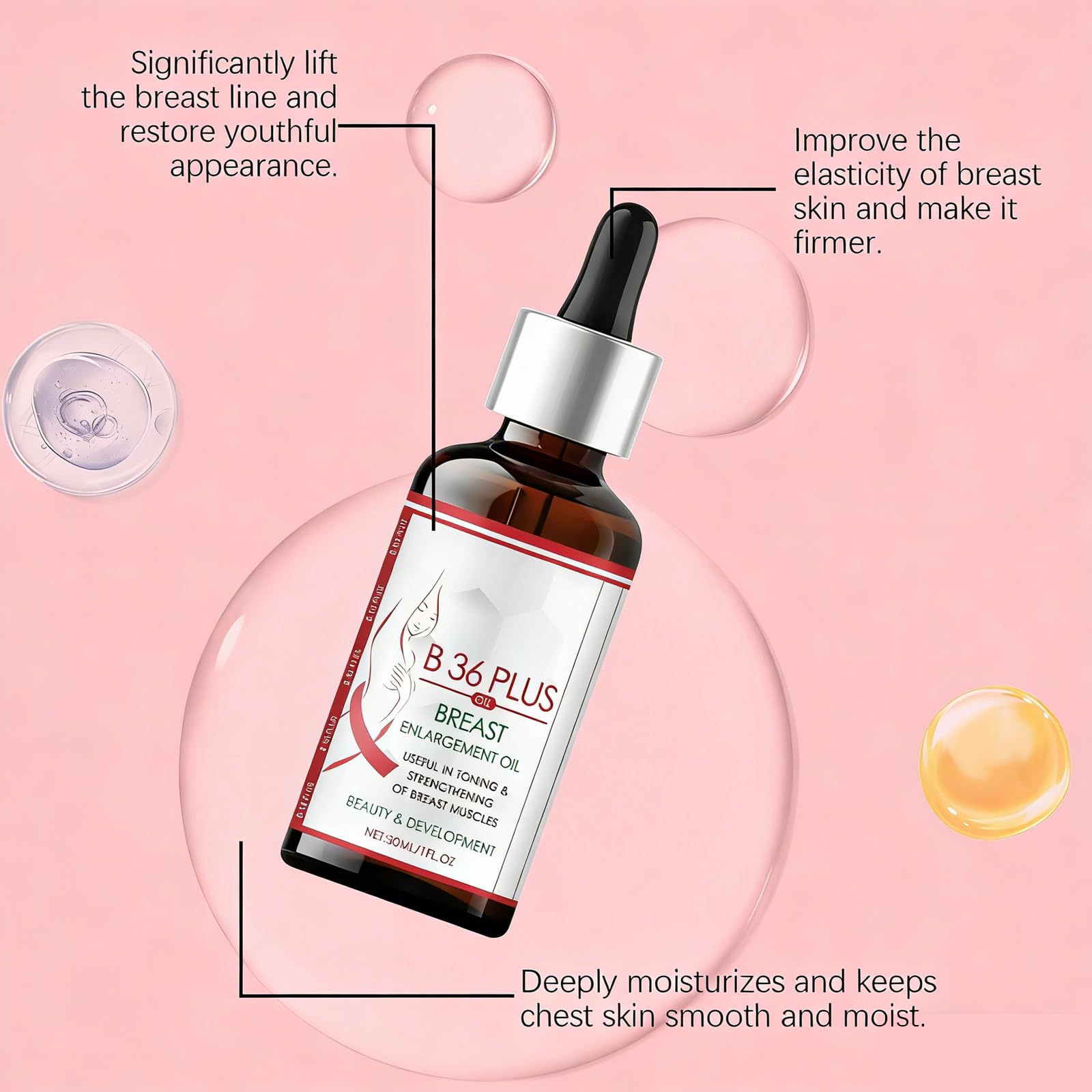Olio rassodante per il seno, olio essenziale naturale rassodante per il seno, idratante e nutriente per la pelle del décolleté, crescita rapida delle curve naturali del seno 2*30 ml