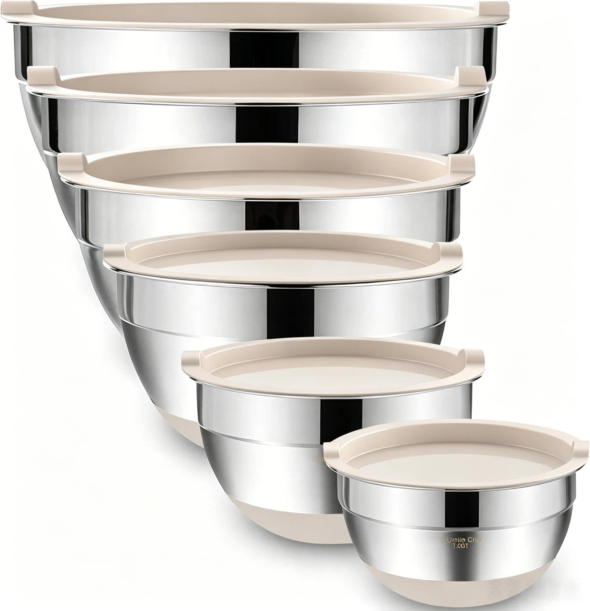 Umite Chef Mixing Bowls with Airtight Lids, 6 piece Stainless Steel Metal Nesting Storage Bowls, Non-Slip Bottoms Size 7, 3.5, 2.5, 2.0,1.5, 1QT, Great for Mixing & Serving (Khaki)