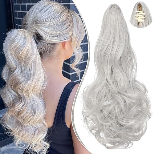 Miniatura 7 de Extensión de cola de caballo de 18 pulgadas, rizada, ondulada y con clip, extensiones de cabello largo sintético para mujer, mezcla de rubio ceniza