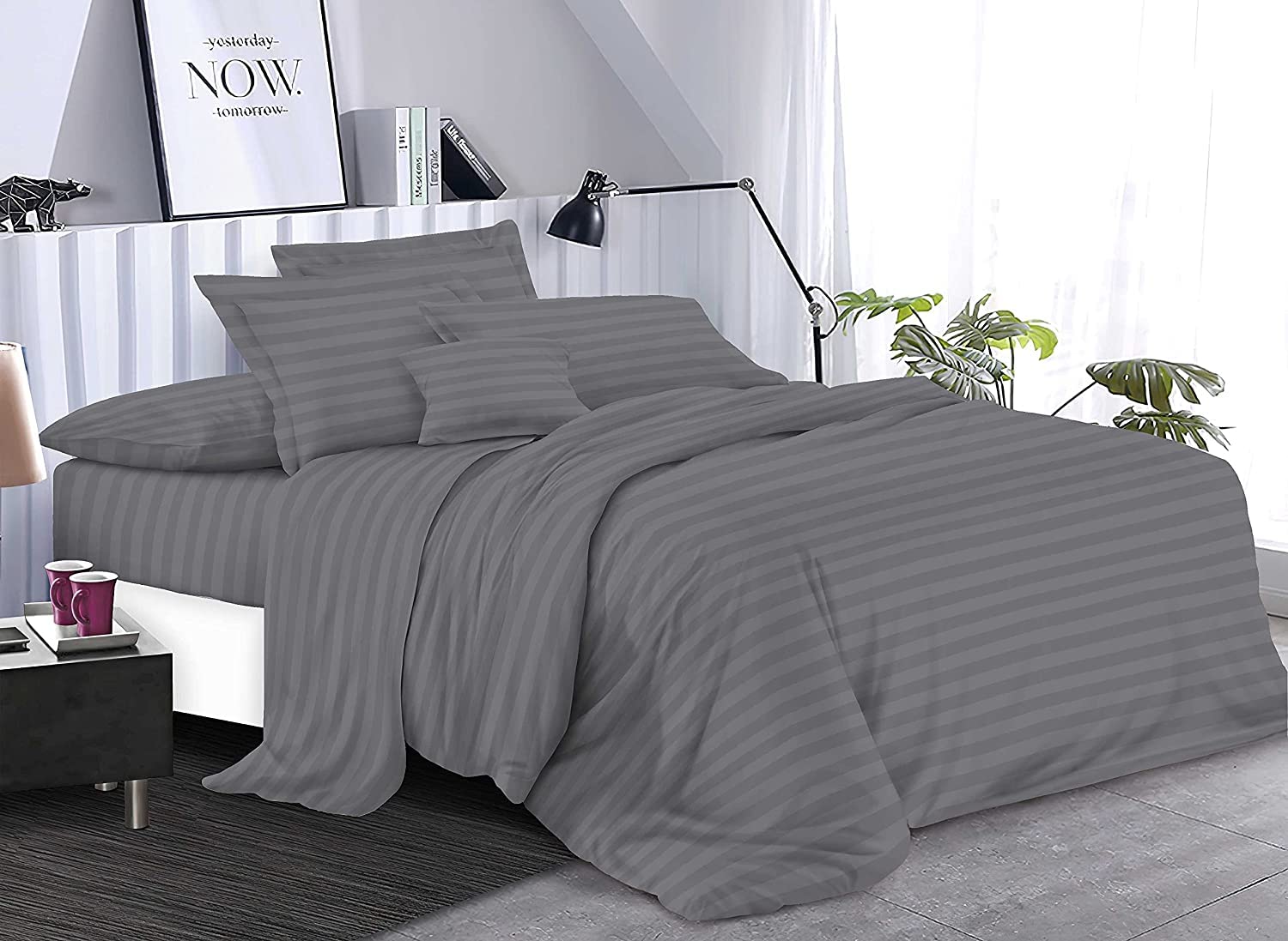 LIZZIE JACOBS 400 Thread Count Satin Stripes Flat Sheets Super Soft Luxurio Egyptian Cotton Hotel Quality Flat Bed Sheets ( , King Sheet), Grey, Us 100