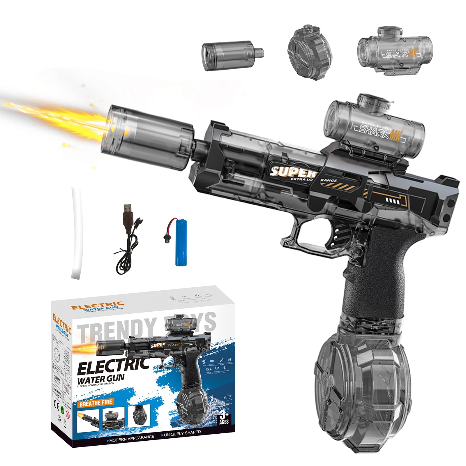 320ml Electric Water Guns, Water Pistol with Muzzle Flash, USB Rechargeable Water Gun Toys, Range 22-26 FT, Full Automatic Electric Squirt Gun for Adults Kids, Summer Beach Pool Party Game (grey)