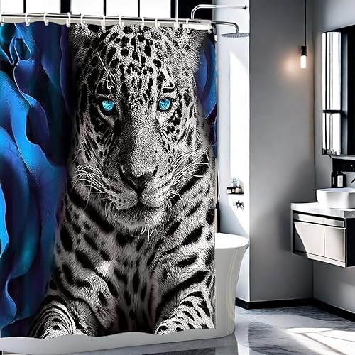 Miniatura 3 de Juego de cortina de ducha con diseño de rosa azul y leopardo con 12 ganchos, juego de cortina de baño duradera, 72 x 72 pulgadas