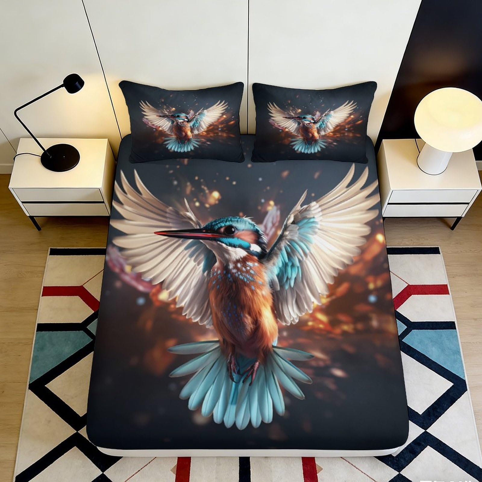 3D Printed Kingfisher Bird Fitted Sheet Microfiber Soft Breathable Flying Bird Mattress Cover for Bedroom Dormitory Guest Room Protection Decoration 180x200x25cm