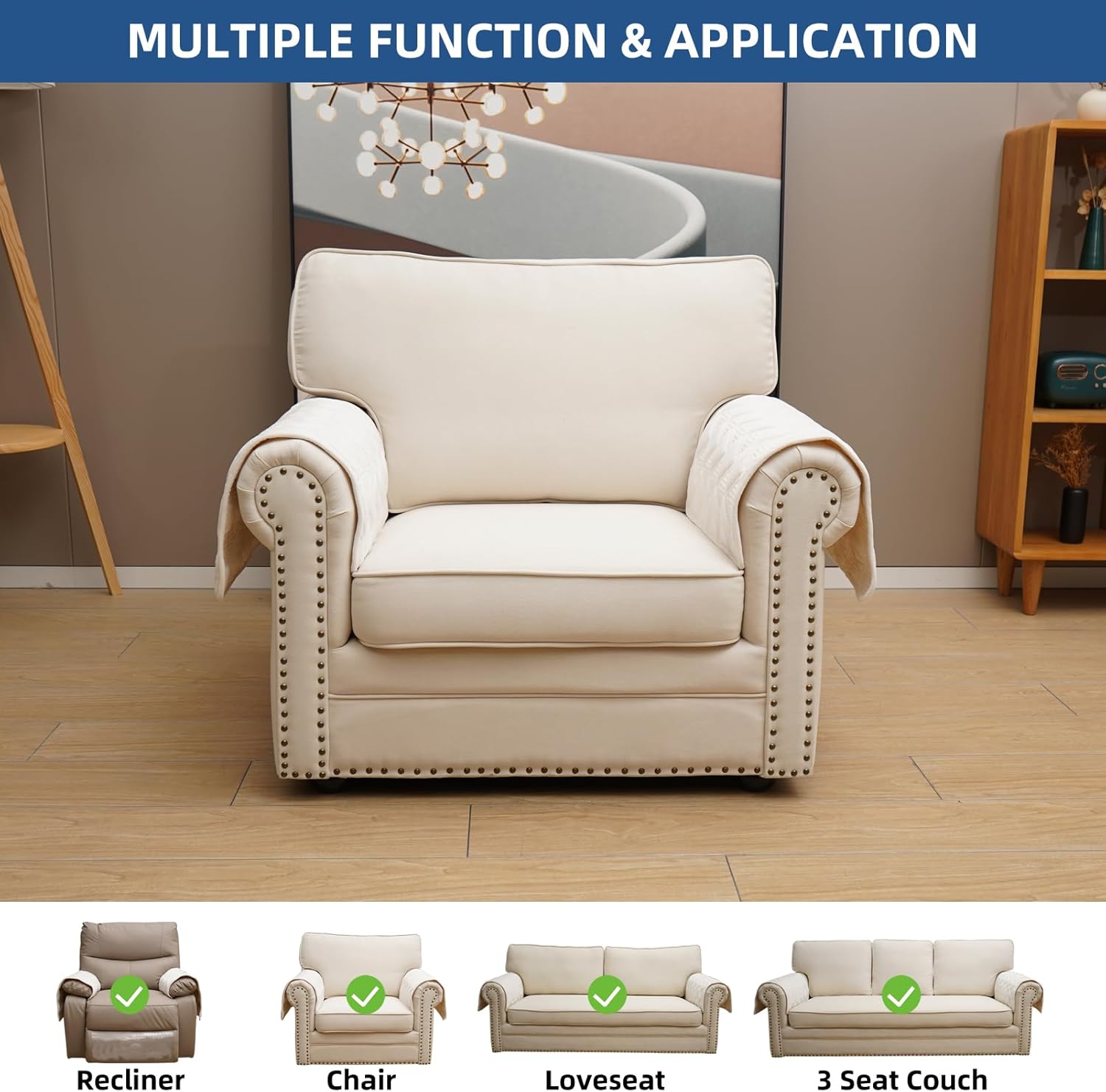 Eismodra Chair Arm Covers,Couch Arm Cover for Sofa Recliner Armchair Cats Dogs,Non Slip Armrest Arm Rest Slipcover Reclining Furniture Protectors (White, Set of 2)